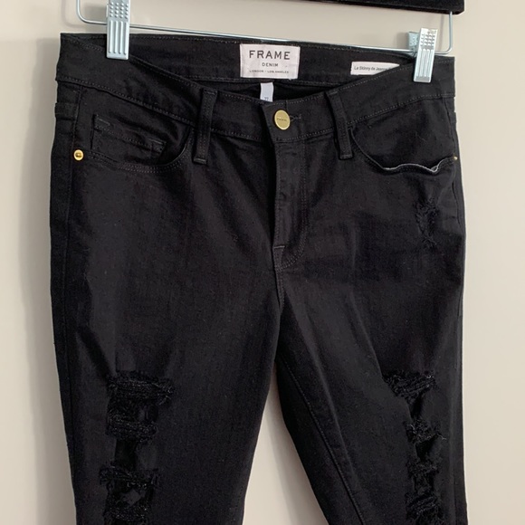 FRAME Le Skinny de Jeanne Crop Ripped Noir Size 27 - Picture 3 of 13